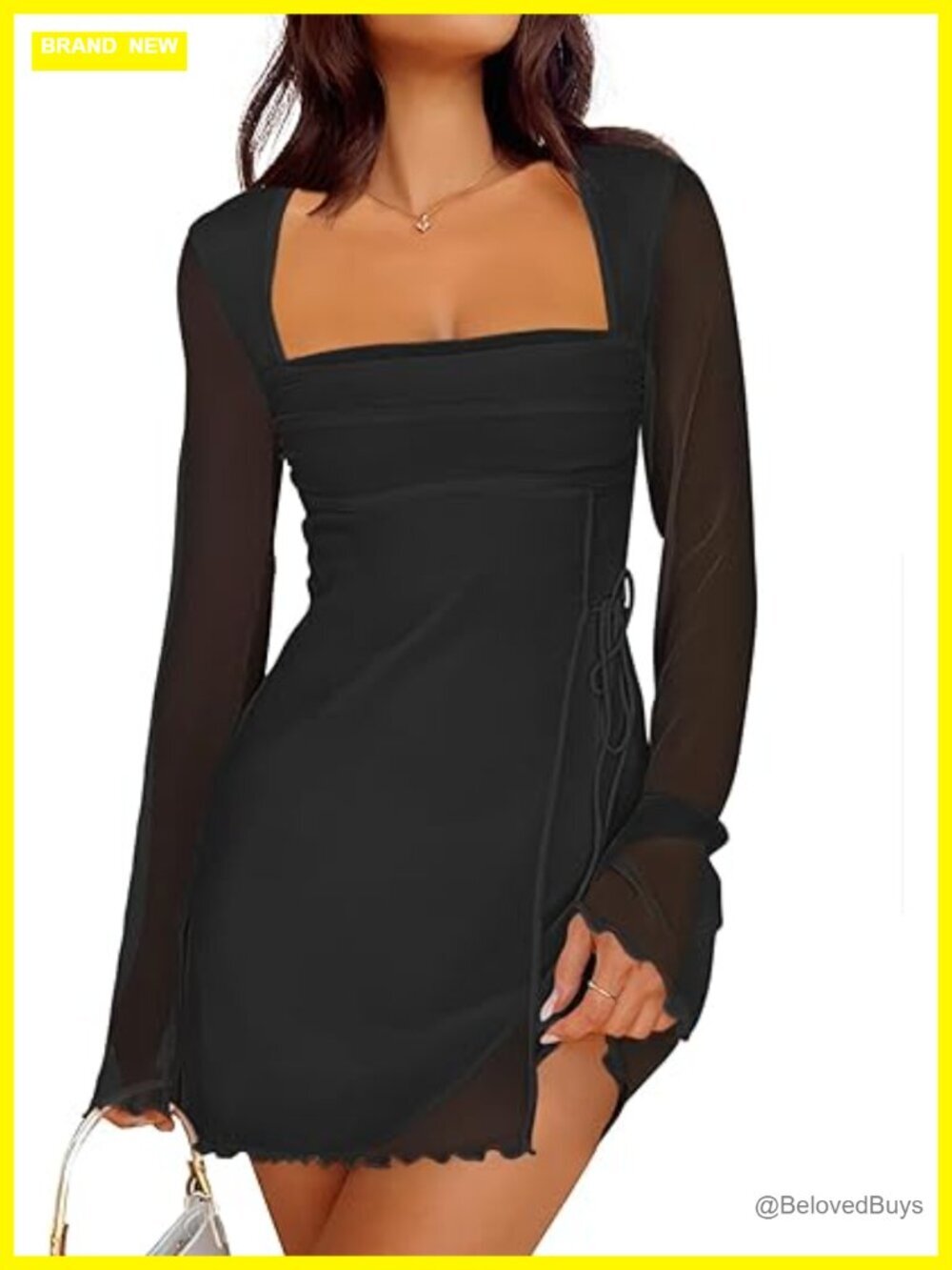Sexy Mesh Ruched Mini Dress Long Sleeve Square Neck Tie Fall Club Party